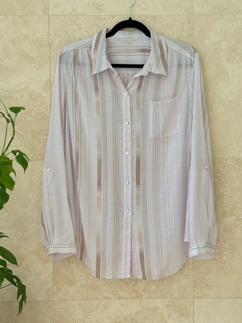 New Directions Stripe Button Down Blouse XL Sheer Lightweight EUC
